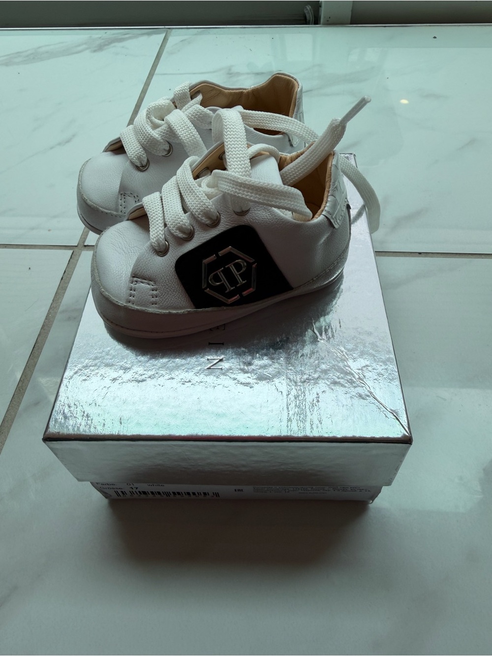 Philipp Plein White Kids Sneakers with Black Logo Patch